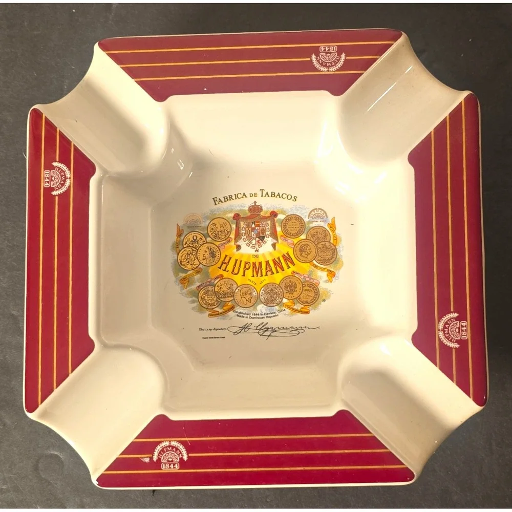 H. Upmann Ceramic Cigar Ashtray 4 Cigar Rest Burgundy Gold Tobacciana